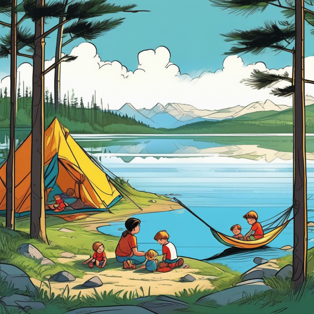 Семья на берегу водоема 