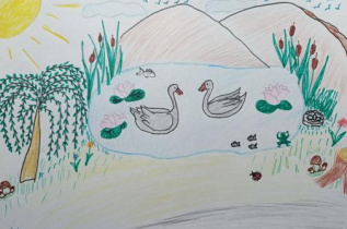 Гуси-лебеди на пруду