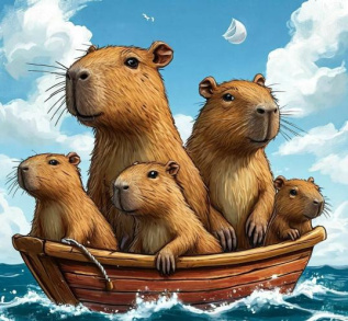 Семья капибар плывущие в лодочке