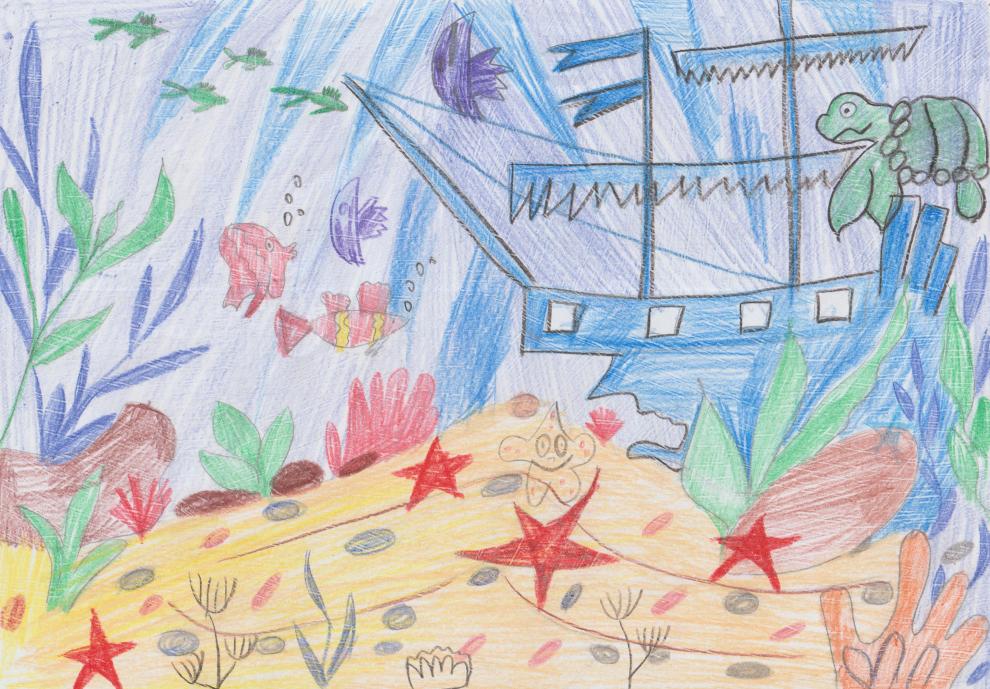 Летучий корабль в затерянных подводных глубинах.