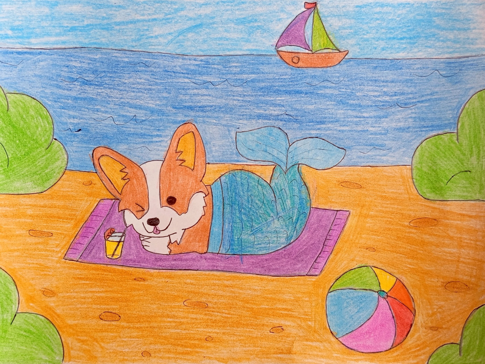 Корги-русалка на пляже