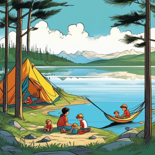 Семья на берегу водоема 